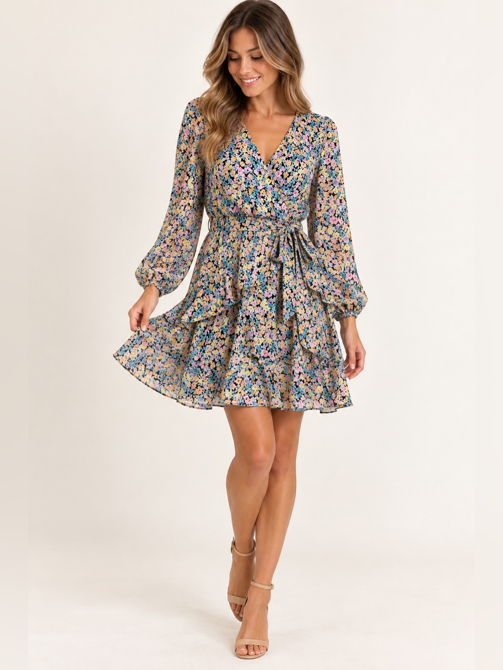 Floral Wrap V-Neck Mini Dress in Multi